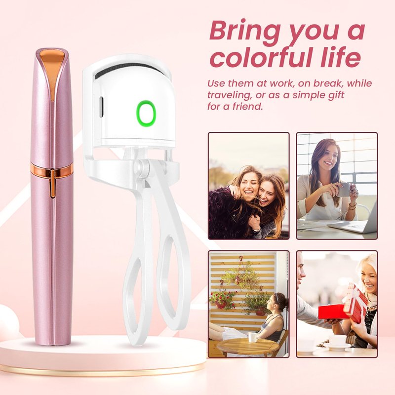 Rechargeable Heated Eyelash Curlers & Electric Eyebrow Trimmer Beauty Kit, Electric Curler for Eyelash, Portable Lips Eyebrow Ear Nose Hair Clipper