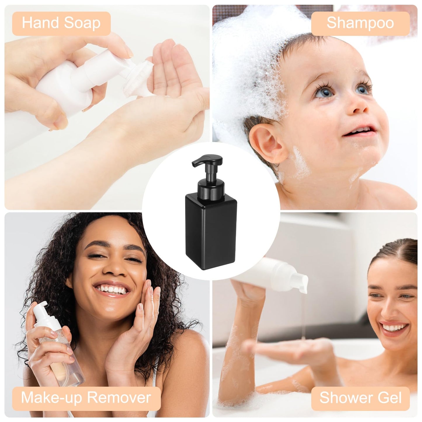 uxcell 3PCS Square Empty Foam Pump Bottle, 450ml Travel Foam Soap Dispenser Empty Refillable Plastic Pump Bottle for Lash Shampoo, Hand Soap, Facial Lotion(6", Clear Brown)