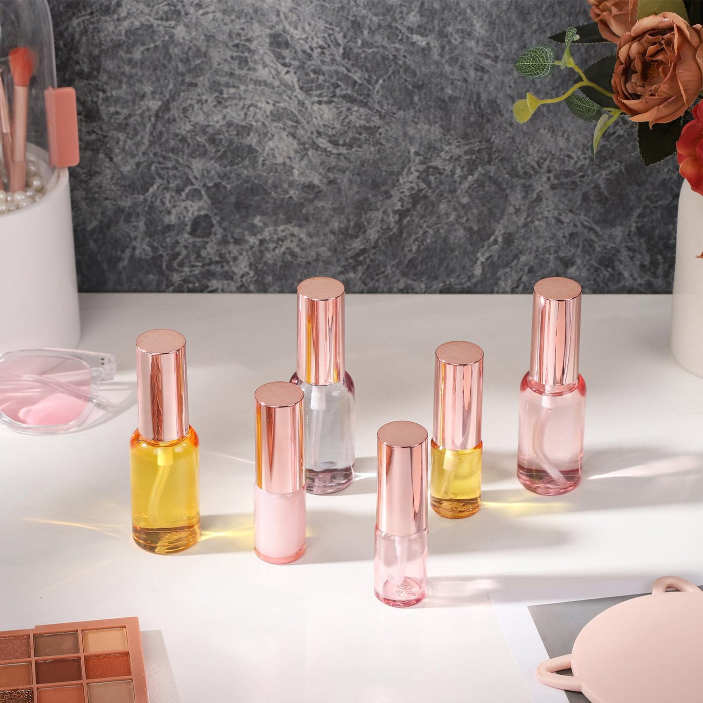 RAMFIYN 24 pack 1oz Pink Glass Spray Bottles Refillable Empty Perfume Pump Sprayer Mini Pink Fine Mist Atomizer with Rose Gold Lid for Body Essential Oils