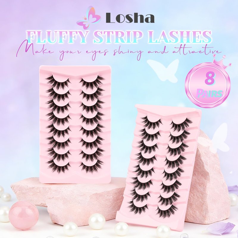 Losha Lashes Fluffy Manga Lashes 8D Volume Spiky Anime False Eyelashes 8 Pairs Soft Asian Eye Lashes Pack (Pop)