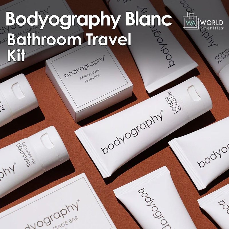 World Amenities - Bodyography Blanc Mini Travel Size Toiletries Bathroom Kit | Vanilla White Tea| Shampoo, Conditioner, Body Wash, Lotion, Artisan Soap and Massage Bar