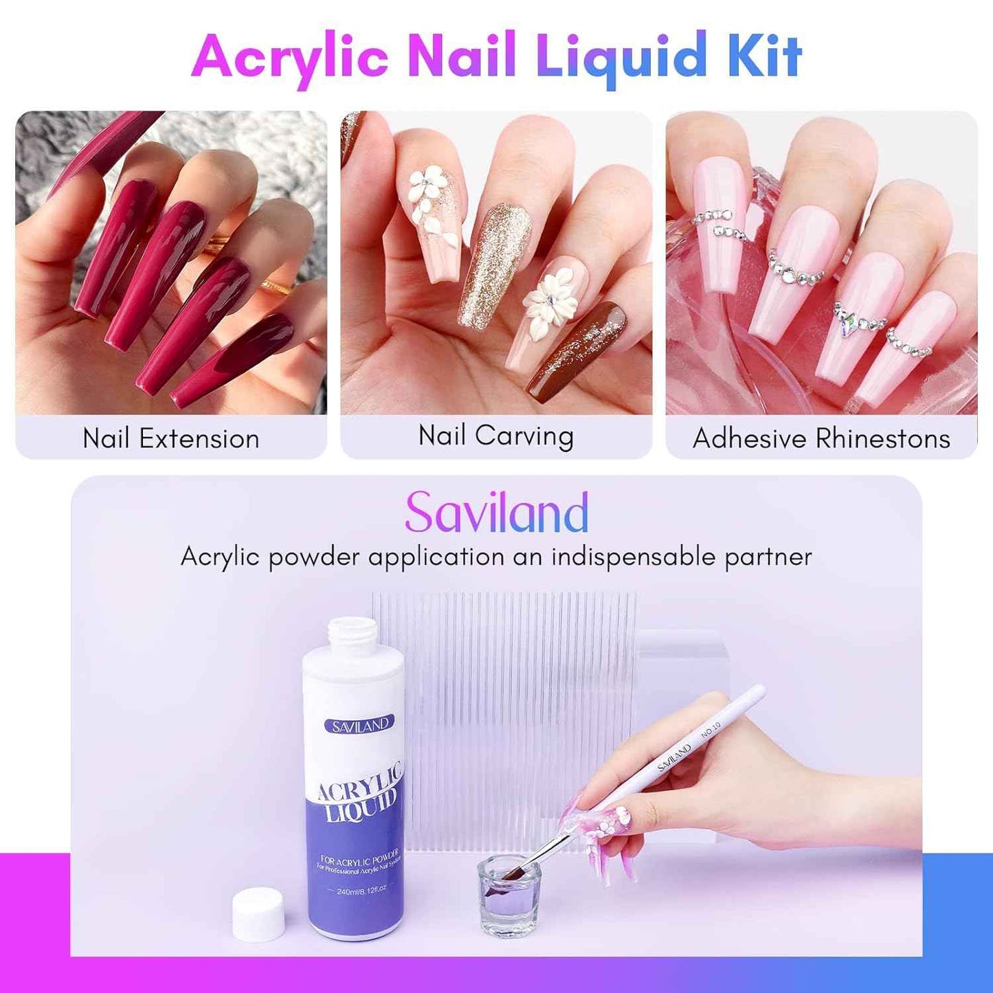 Saviland Acrylic Nail Liquid Monomer – 8.11 fl. oz with 3 Brushes & Nail Cutters