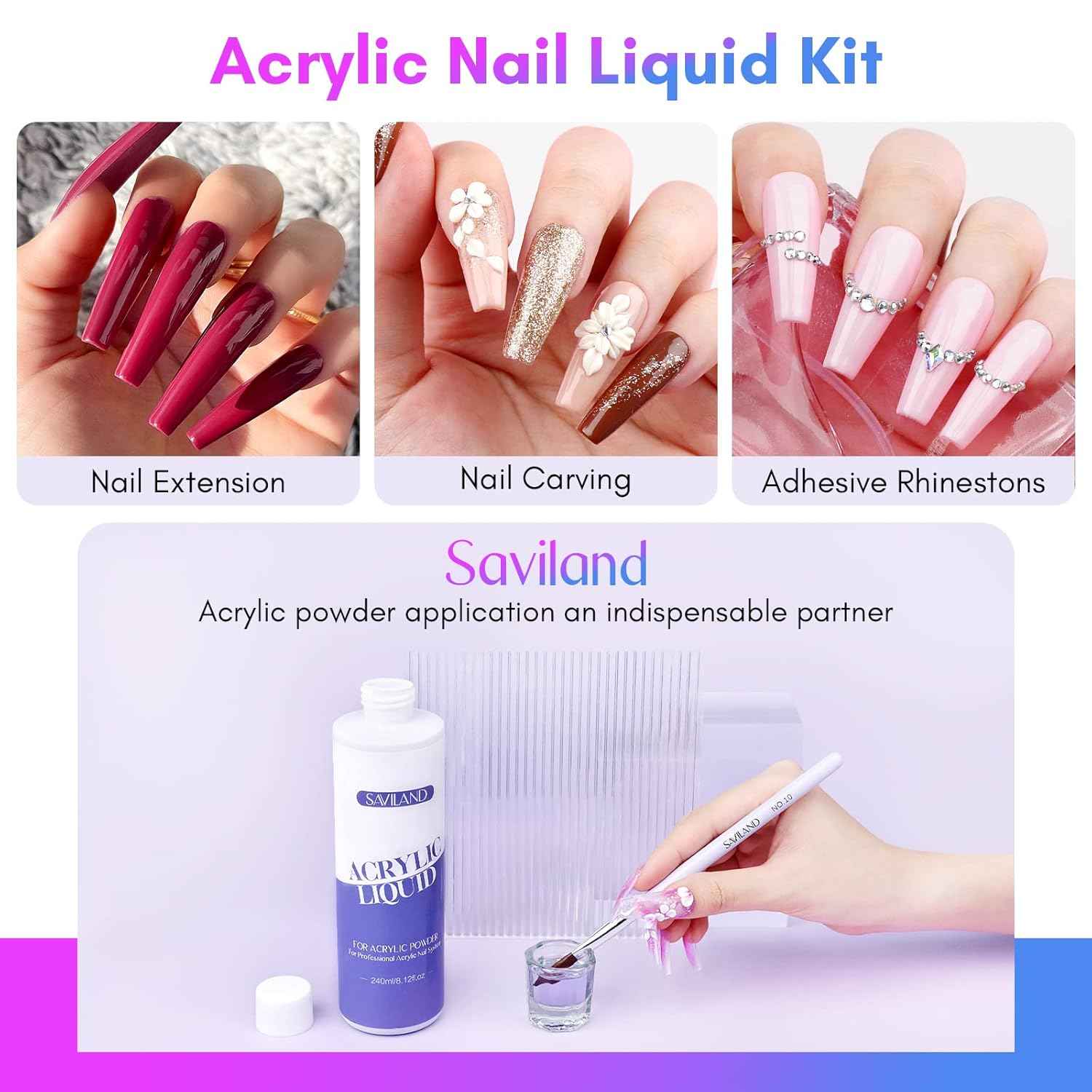 Saviland Acrylic Nail Liquid Monomer – 8.11 fl. oz with 3 Brushes & Nail Cutters