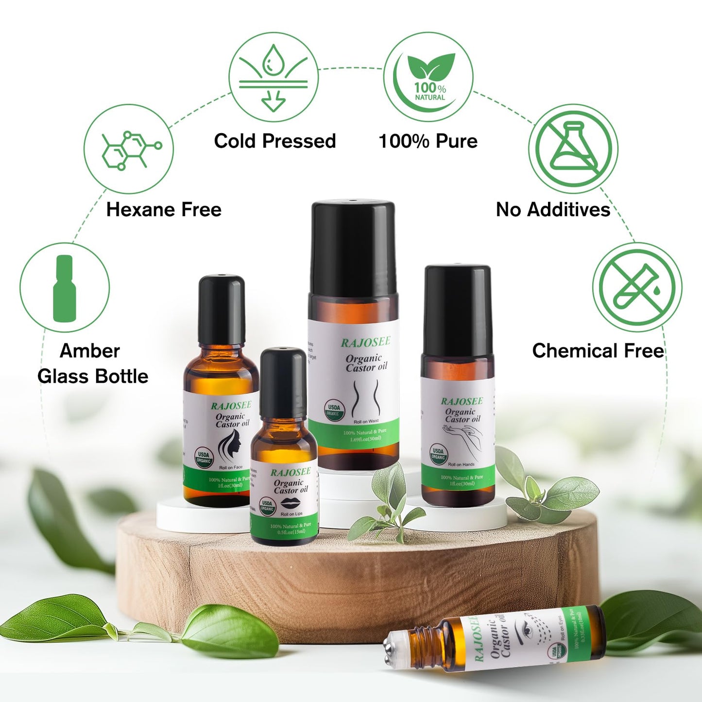 RAJOSEE 5 Pcs Castor Oil Roll on Set, Certified Organic Castor Oil Rolling for Skin Waist Back Leg Lip Eyebrow Hair, Cold Pressed Essential Oil in Glass Bottle