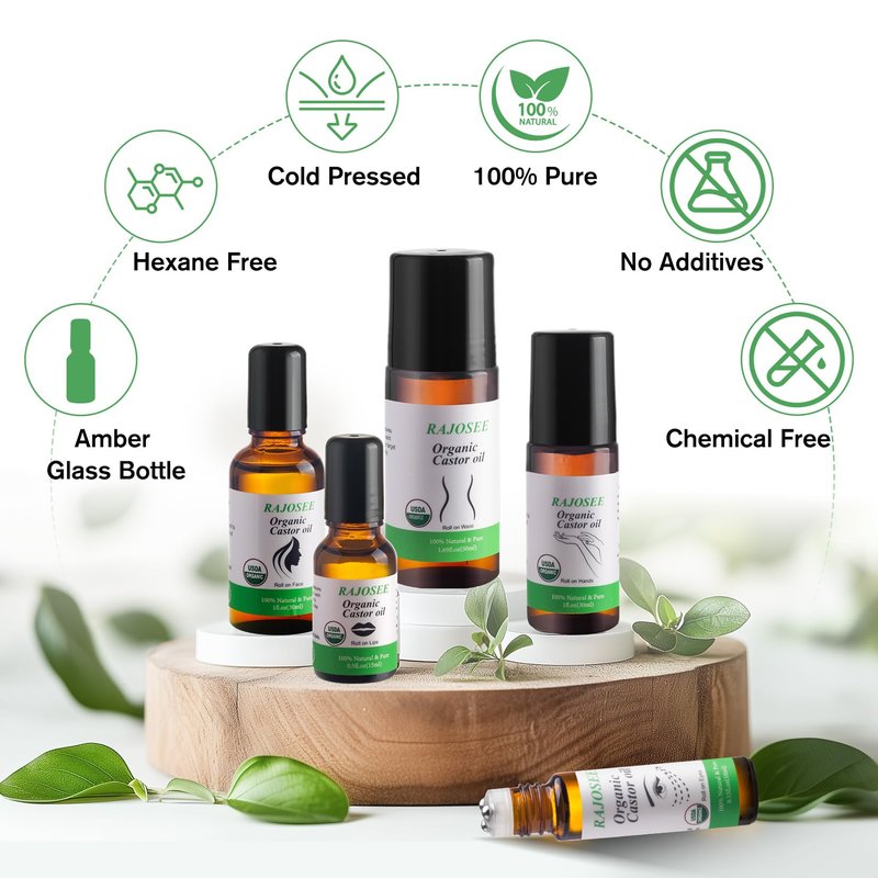 RAJOSEE 5 Pcs Castor Oil Roll on Set, Certified Organic Castor Oil Rolling for Skin Waist Back Leg Lip Eyebrow Hair, Cold Pressed Essential Oil in Glass Bottle