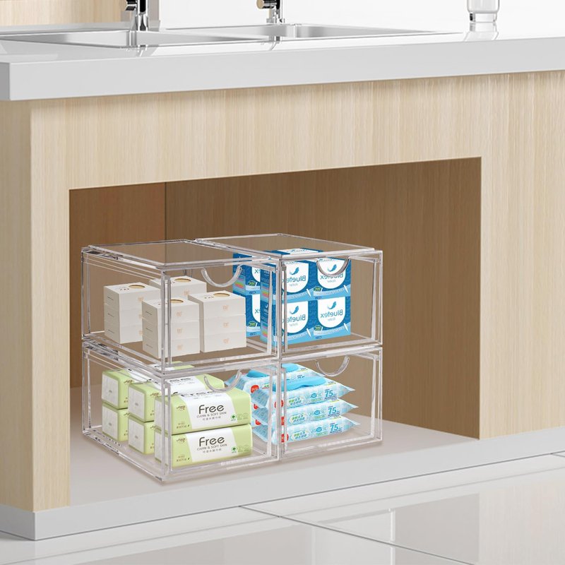 AMEITECH 2 Pack Clear Stackable Storage Drawer, Bathroom Makeup Organizer, Plastic Storage Bins, Acrylic Organization and Storage for Vanity, Kitchen Cabinets, Pantry, Undersink