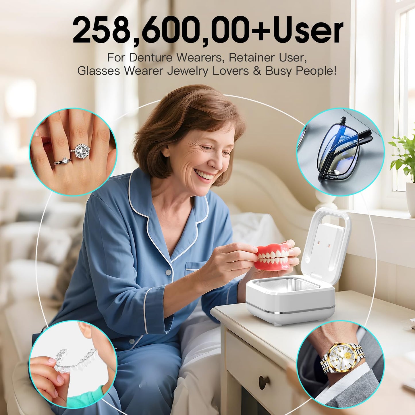 HAUSBELL Dental Pod: Ultrasonic Retainer Cleaner, Denture Cleaner Machine with 8 Cleaner Tablets, Aligner Cleaner, Nightguard Cleaner, Mouthguard Cleaner, Ultrasonic Cleaner with Noise-Reduction Lid