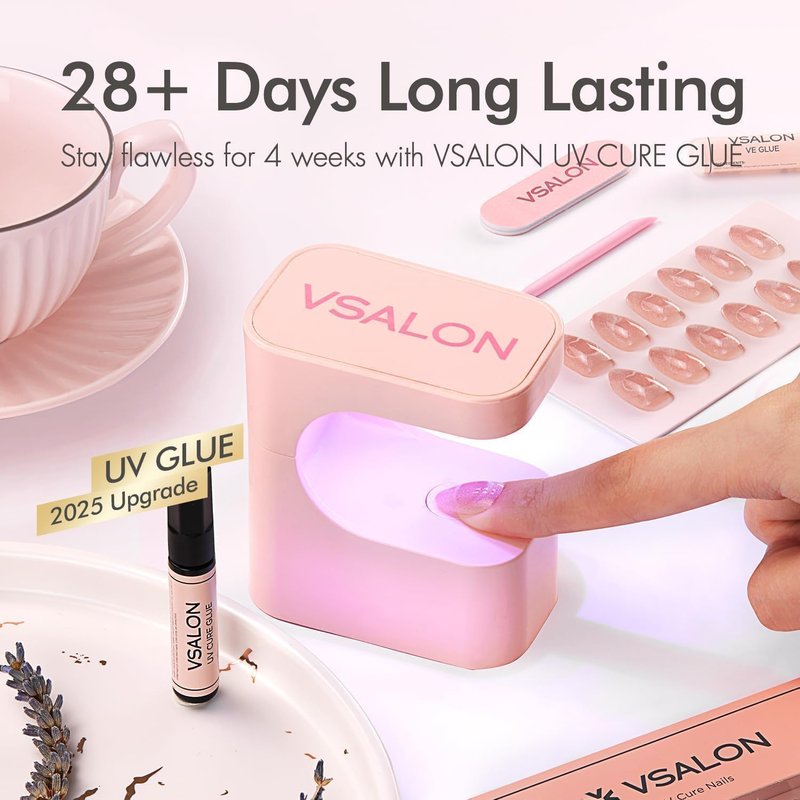 VSALON Almond Medium Press On Nails, Nude Radiant Cat Eye French Tip