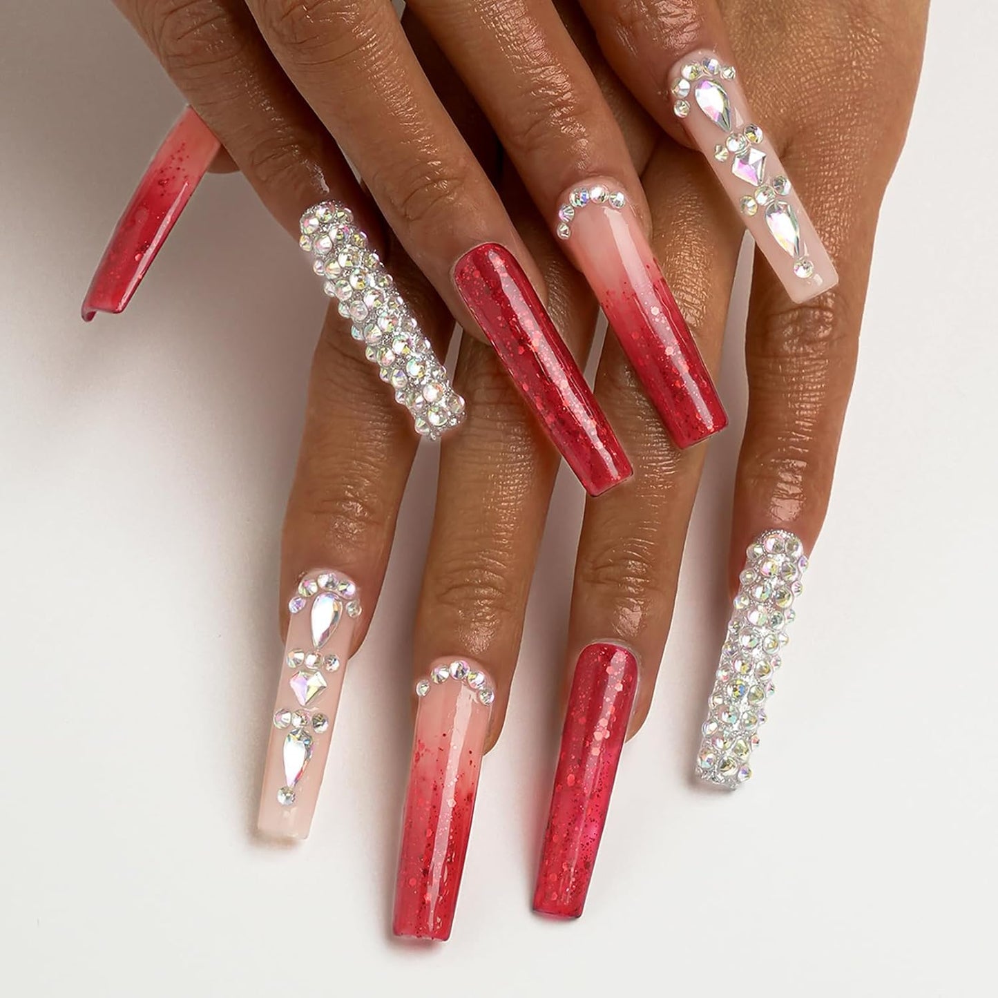 Luxury Ombre Red Glitter Press-On Nails Set - Long Square Glue-On Nails with Full Gem Coverage for Women & Girls (10 Pcs, Red-M)