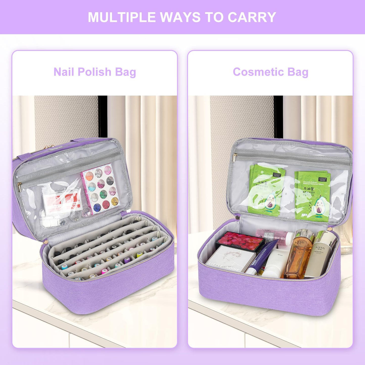 Nail Polish Organizers and Storage Holds 40+ Bottles(15ml-0.5 fl.oz) and Nail Lamp,Double-Layer Nail Polish Carrying Case,Nail Supplies Bag for Travel,Home Storage,Nail Tech,Gift for Women Grils