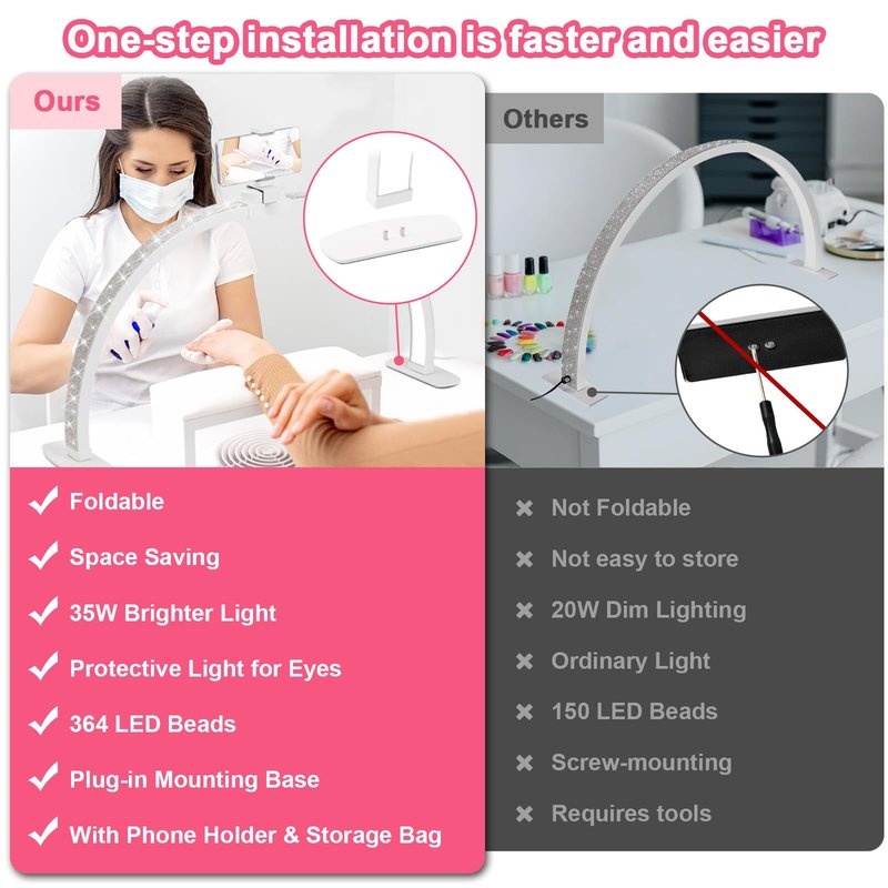 JIUYONG Upgraded Half Moon Light with Phone Holder, 29in Foldable Half Moon Light for Nail Desk, Nail Table Lamp with Stepless Dimming & Color Temperature (Large-29In)