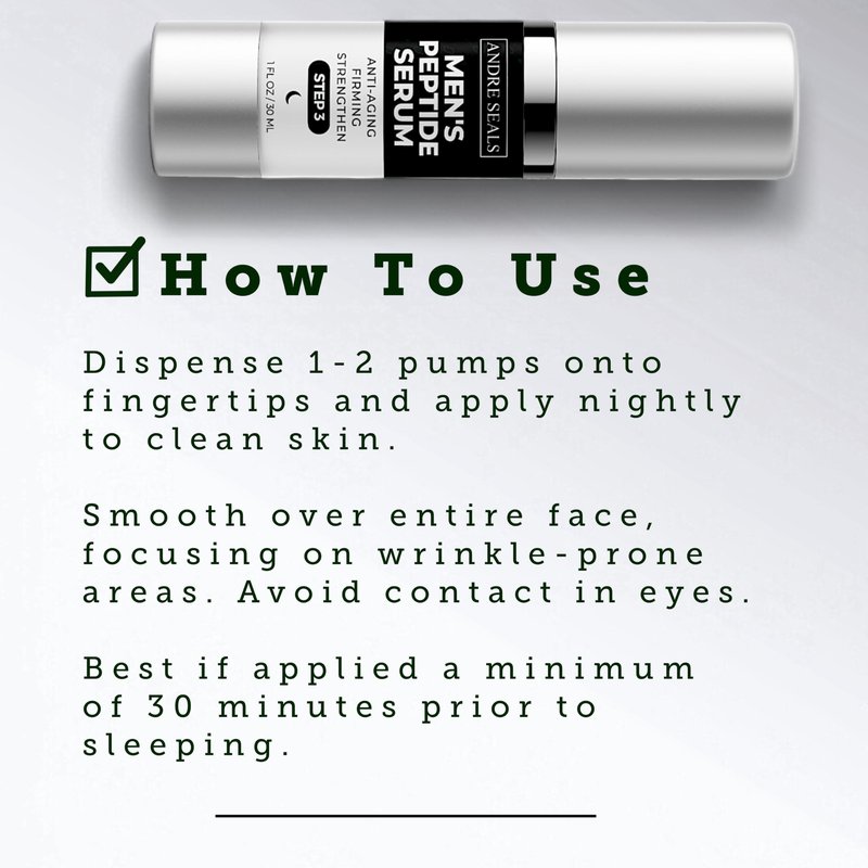 Andre Seals Face Serum for Men - Anti-Aging, Wrinkle Reduction & Collagen Boost with Multi-Peptide, Hyaluronic Acid, Green Tea & Vitamin E | Mens Skincare | 1oz | Night Time Face Serum