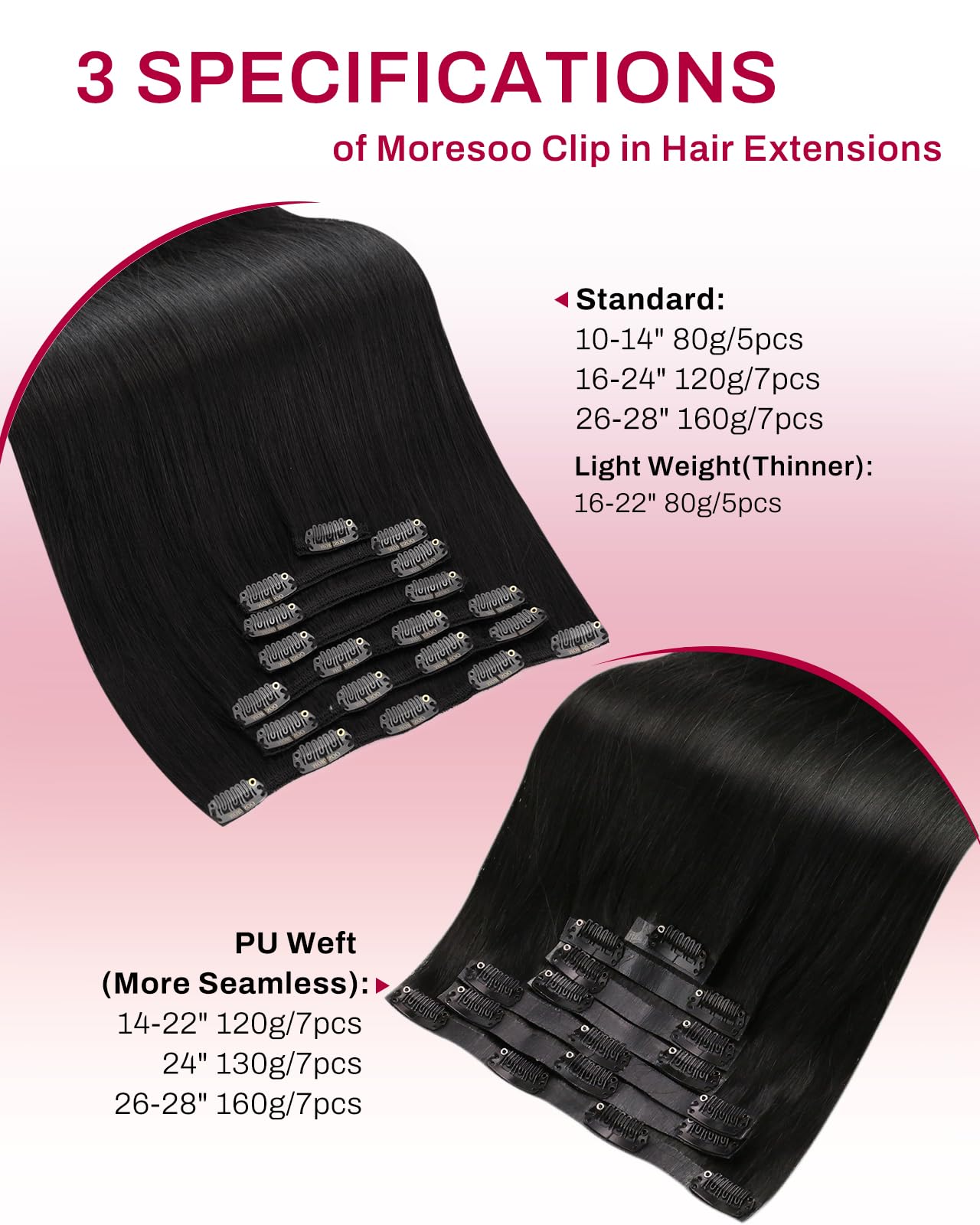Moresoo Natural Black Clip in Hair Extensions Short Human Hair Clip in Extensions Black for Women Remy Hair Extensions Clip ins Short Double Weft 80g/5pcs 10 inch