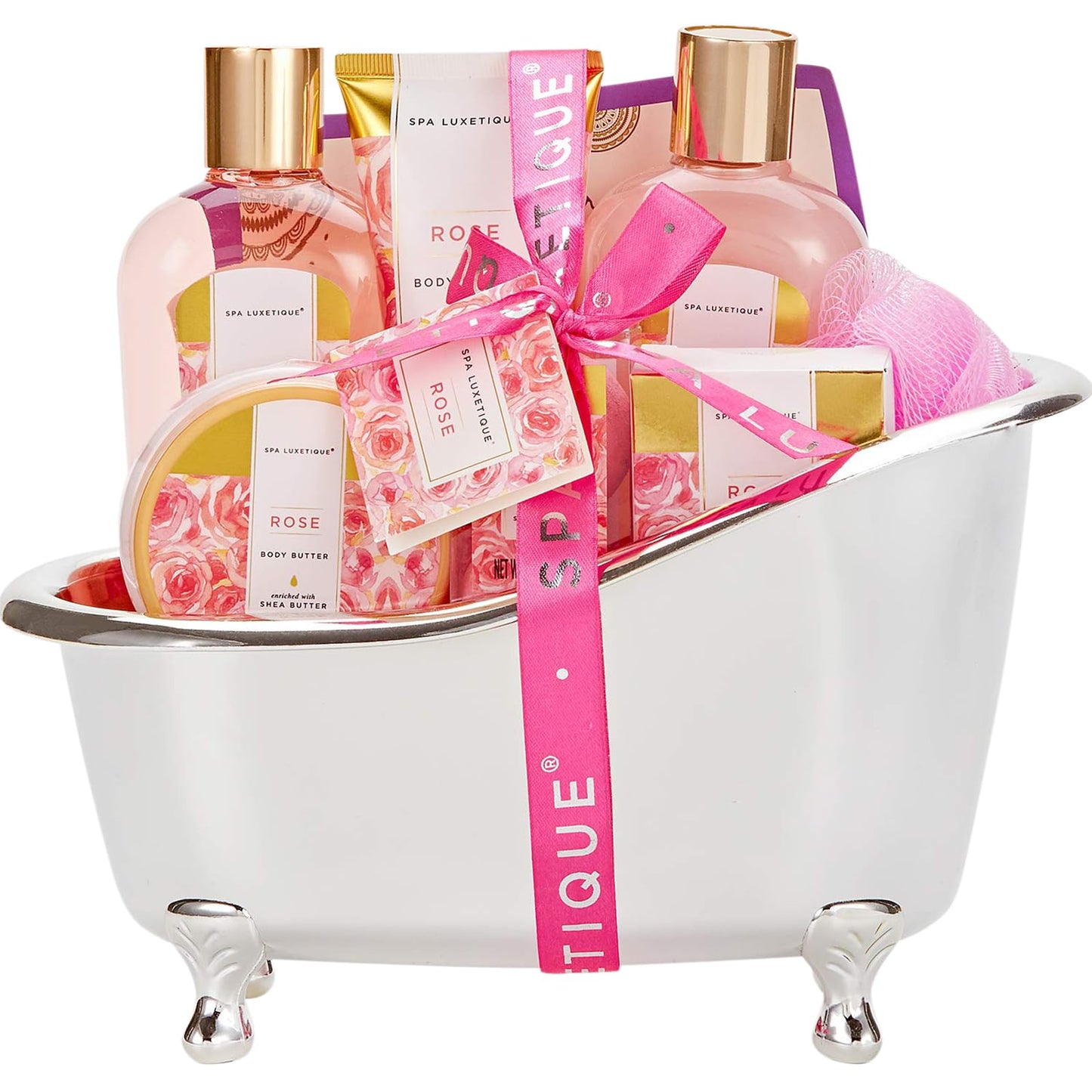Spa Luxetique Gift Set For Women, Bath Sets - 8 Pcs Rose Spa Basket Includes Bubble Bath, Shower Gel, Body Lotion, Birthday Spa Gifts for Mom, Christmas Presents for Women