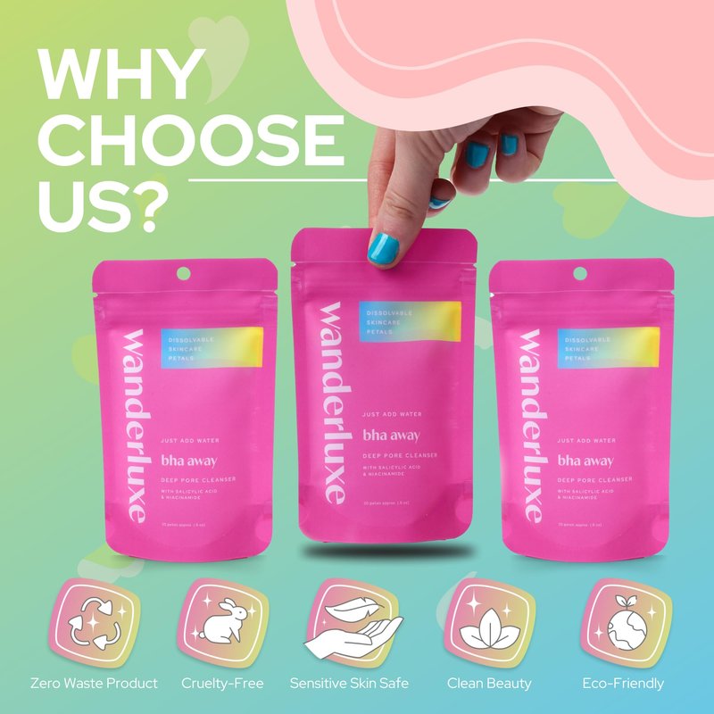 Wanderluxe Deep Pore Cleanser, Dissolvable Skincare Petals, Skin Care Set for Travel, BHA Away Cleanser Petals with Salicylic Acid