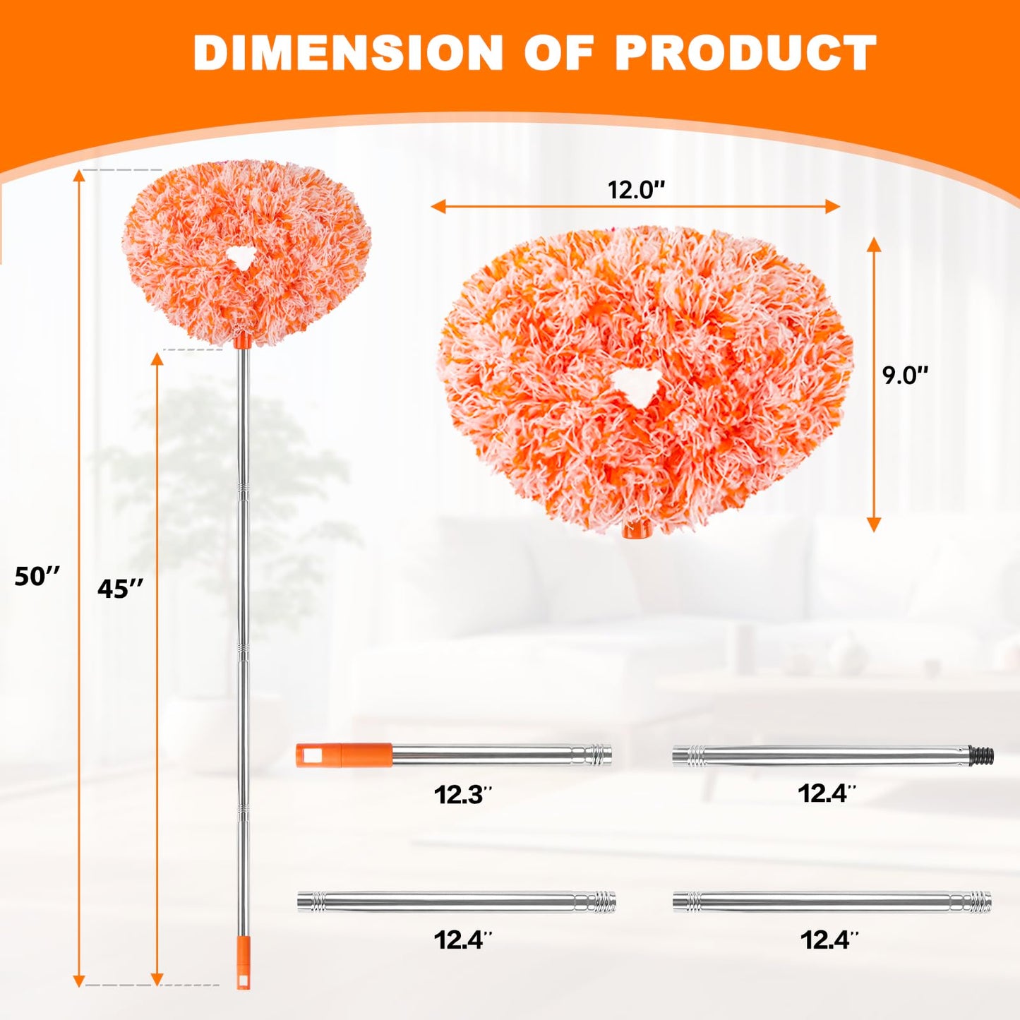 Ceiling Fan Cleaner Duster Reusable Microfiber Ceiling Fan Blade Cleaner Removable Duster with Extension Pole Adjusts 13 to 49.7 Inch for Cleaning Walls Furniture Door Window Top (Orange White)