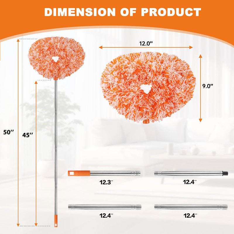 Ceiling Fan Cleaner Duster Reusable Microfiber Ceiling Fan Blade Cleaner Removable Duster with Extension Pole Adjusts 13 to 49.7 Inch for Cleaning Walls Furniture Door Window Top (Orange White)