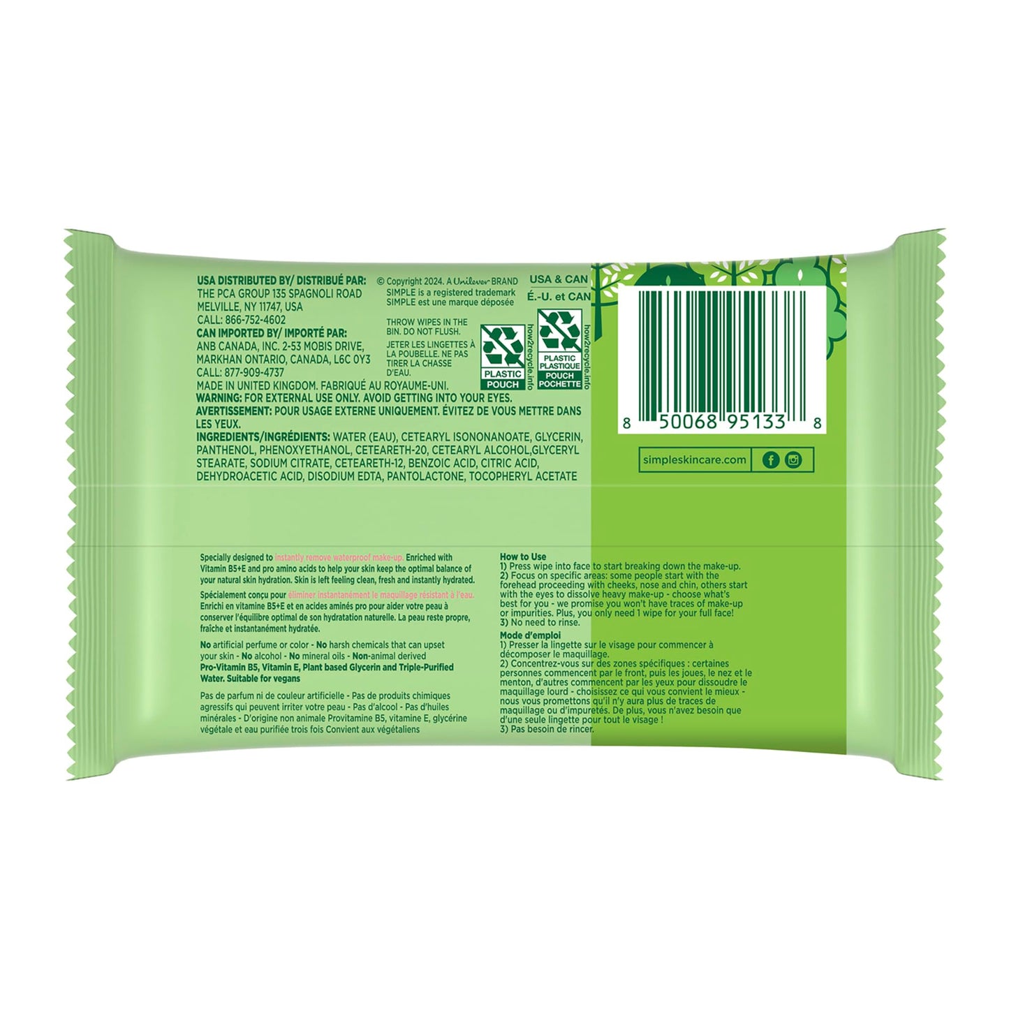 Simple Kind To Skin Cleansing Makeup Remover Wipes - Vegan Facial Cleanser Wipes with Vitamin B5 and E - Removes Waterproof Makeup - 4 pc