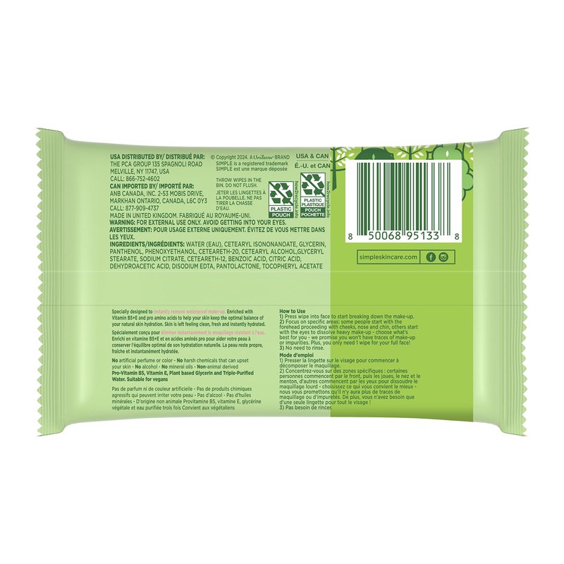 Simple Kind To Skin Cleansing Makeup Remover Wipes - Vegan Facial Cleanser Wipes with Vitamin B5 and E - Removes Waterproof Makeup - 4 pc