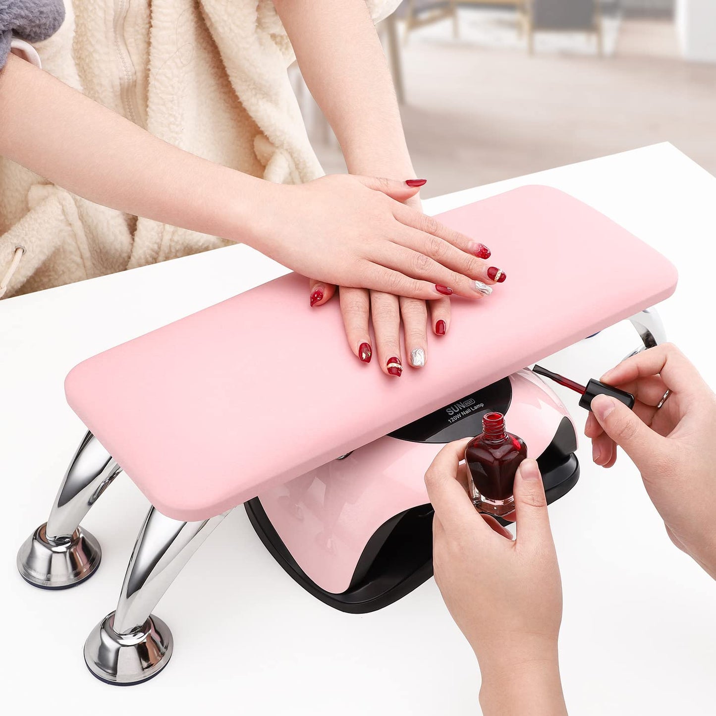 Noverlife Pink Nail Arm Rest, Microfiber Leather Manicure Hand Rest Cushion, Professional Non-Slip Foot Hand Arm Wrist Pillow Stand Hand Holder for Toe & Fingernails Nail Tech Use - Pink