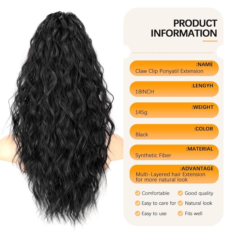 Claw Clip Ponytail Extension - Black Wavy Layered Fluffy Hairpiece for Women | Synthetic Clip-On Ponytail