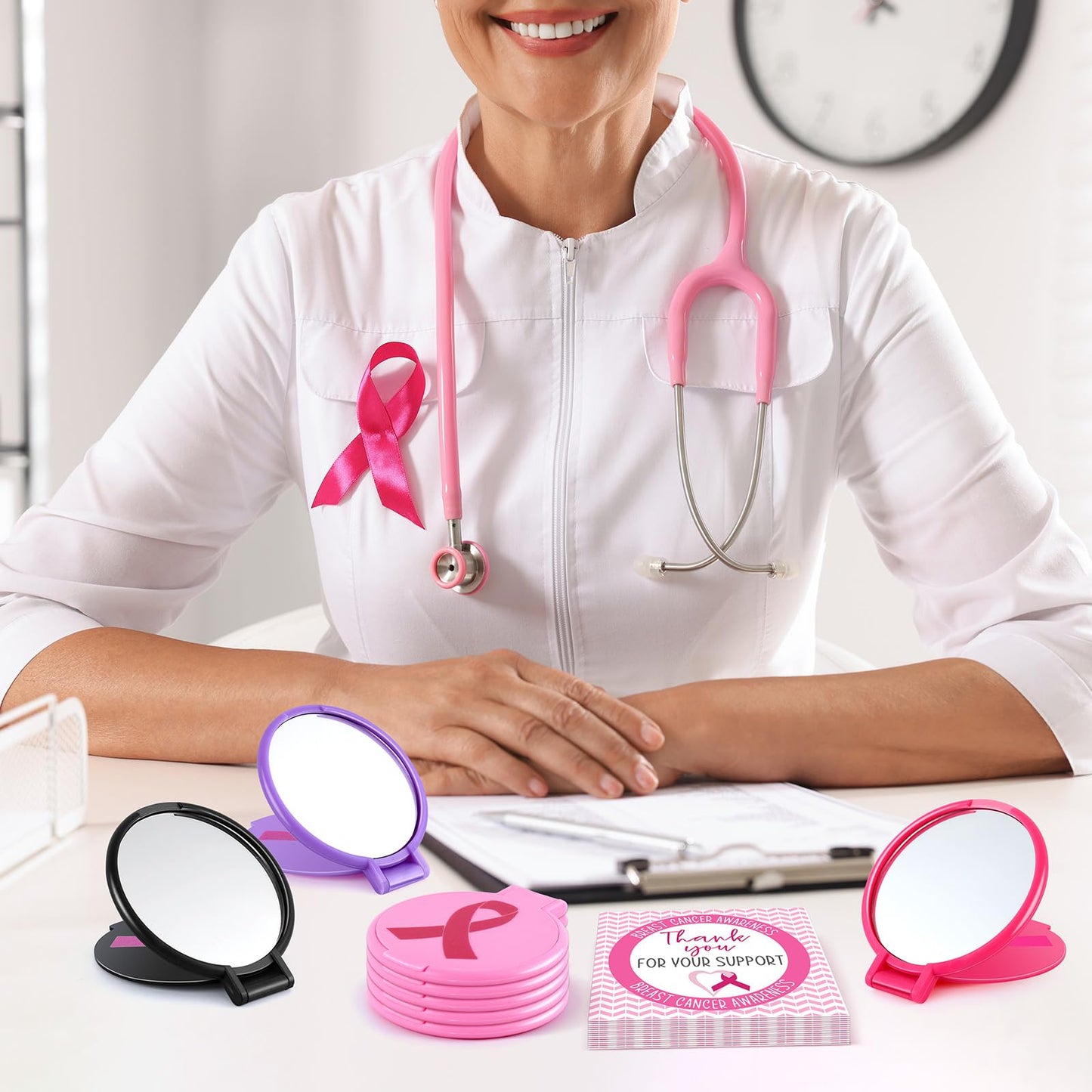 clothmile 100 Sets Breast Cancer Awareness Gifts Include 50 Pink Ribbon Mini Folding Makeup Mirrors 50 Pink Cards 50 OPP Bags for Girls Women Survivor Party Favors Supplies