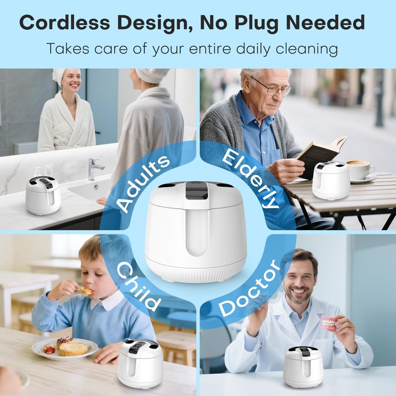 Cordless Ultrasonic Retainer Cleaner Machine, MEKO Rechargeable Denture Cleaner with 4000mAh Battery, 48kHZ, IPX5 Waterproof Dental Pod for Aligner, Braces, Jewelry, Toothbrush Head-White