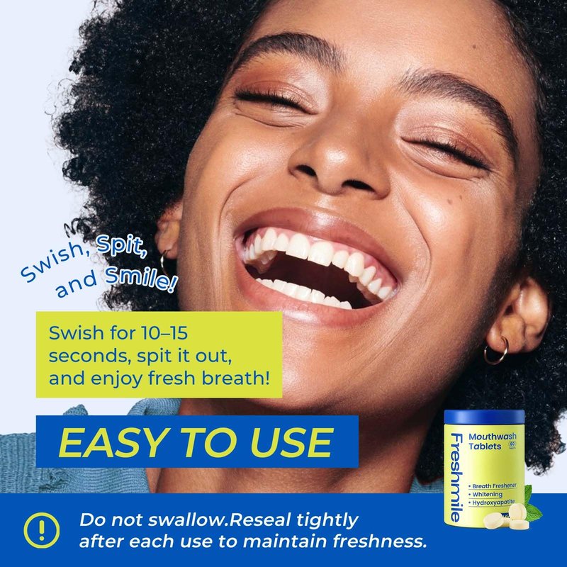 Freshmile Travel Mouthwash Tablets for Smokers - Fluoride & Alcohol-Free, Xylitol & Nano-Hydroxyapatite (NHA) for Bad Breath Treatment & Natural Whitening, Mint Flavor (60 Count)