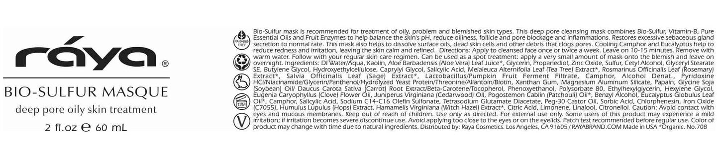 Raya Bio-Sulfur Masque (708) | Facial Clay Mask for Deep Pore Cleansing, Exfoliating Face Pack for Oily, Break-Out Skin | Vitamin-B and Bio Sulfur Formula to Control Oiliness | Skincare Face Mask