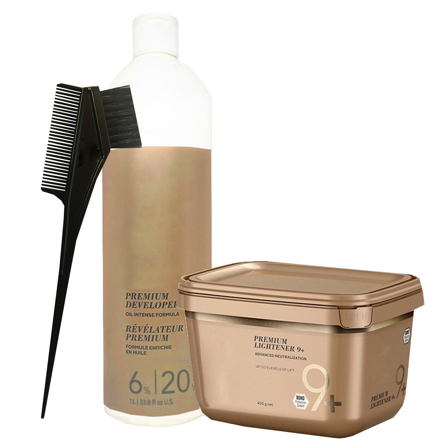 Blonde Me Lightener 9+ Bleach 450 grams, BlondeMe Developer 6% / 20 Volume 1 Liter and M Hair Designs Tint Brush Comb (Bundle)
