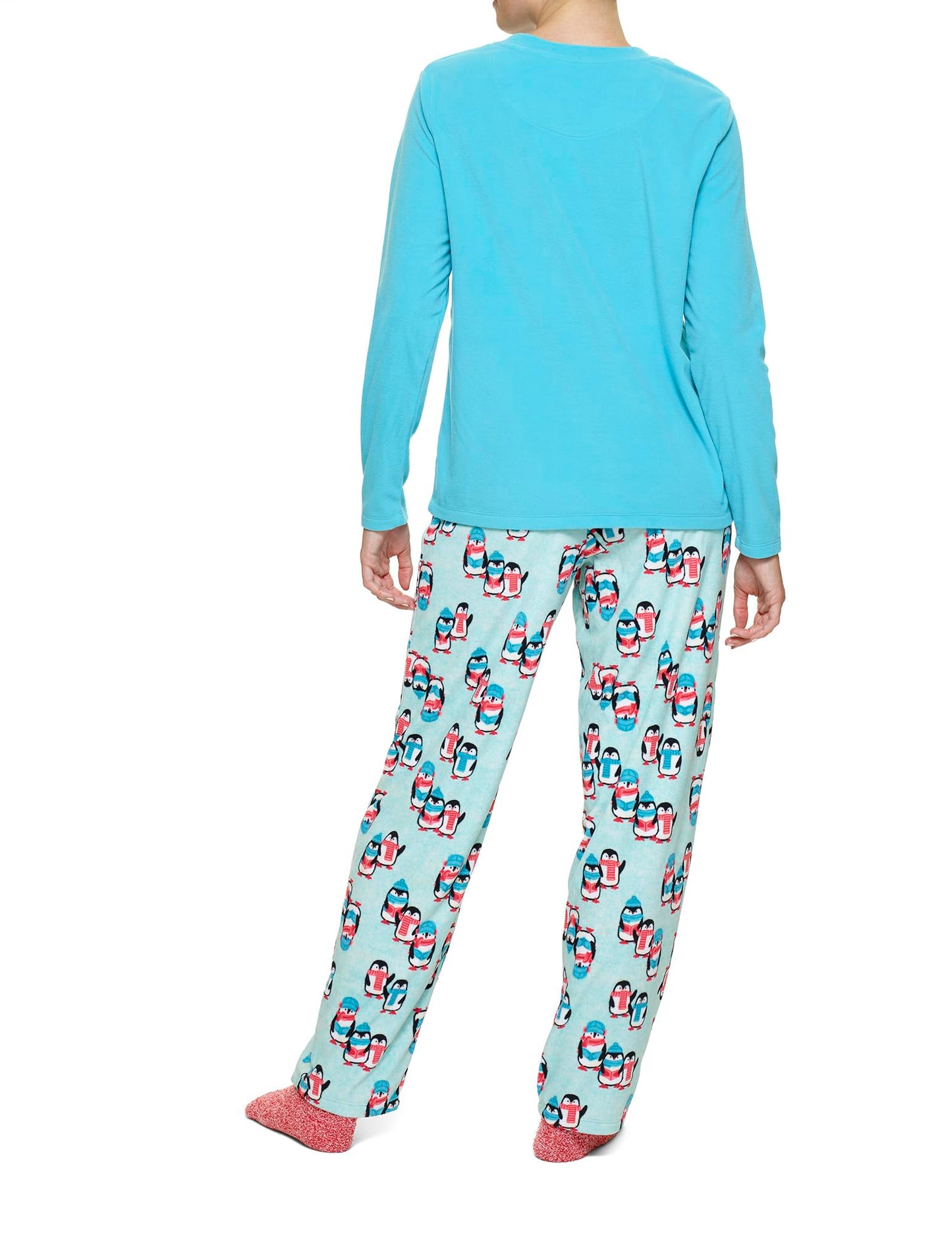 HUE Women's Super Soft Fleece 3 Piece Pajama Set, Scuba Blue - Penguins, Large