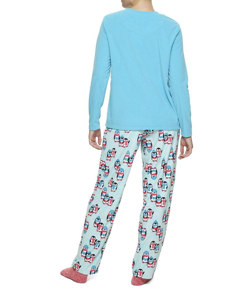 HUE Women's Super Soft Fleece 3 Piece Pajama Set, Scuba Blue - Penguins, Large