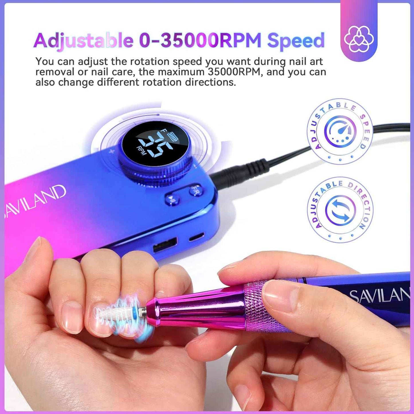 Electric Nail Drill 35000RPM - Portable Nail File & 5 Dotting Tools for Acrylic Nails