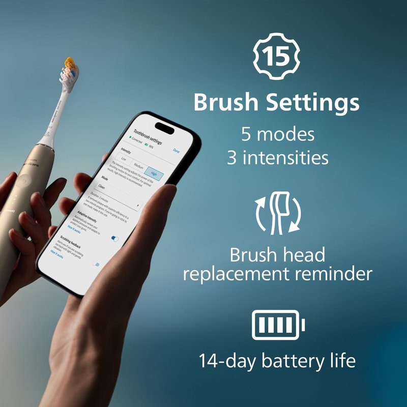 Philips Sonicare DiamondClean 9900 Prestige Electric Toothbrush - with SenseIQ Technology and Advanced AI App, 5 Brushing Modes, 3 Intensity Levels, Charging Travel Case, Champagne, BD9001AZ