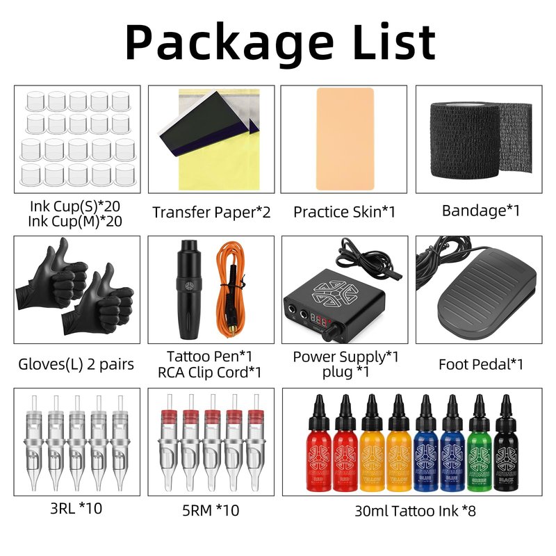 Cartridge Tattoo Machine Kit, ATOMUS Pen Rotary Tattoo Machine with Power Supply 8 Bottles Tattoo Inks 20 Mixed Cartridge Needles Foot Pedal RCA Clip Cord Power Cable (Black)