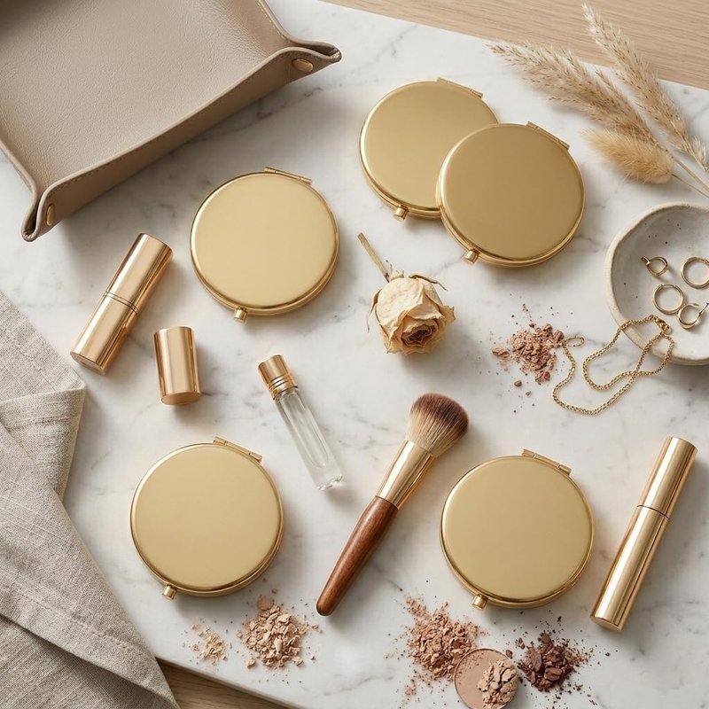 WOOYALIN Magnifying Compact Double-Sided 1X/2X Round Pocket Handheld Travel Makeup Portable Pocket Mirror (5, Gold)