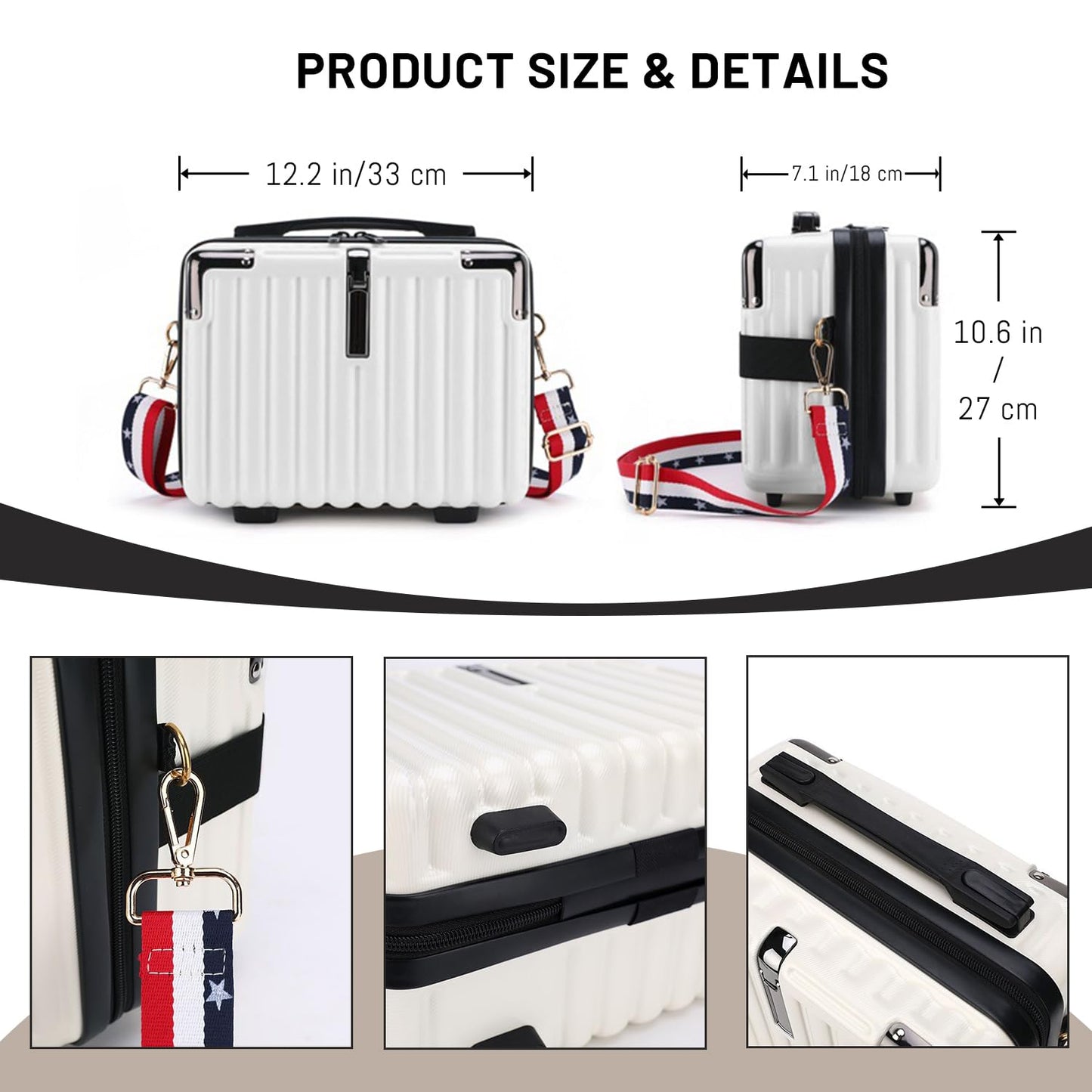 Holxeli 15 Inch Portable Hard Shell Makeup Case, Mini Cosmetic Travel Luggage Case with Shoulder Strap, Small Travel Suitcase Train Case with Toiletry Bag, ABS Material, White