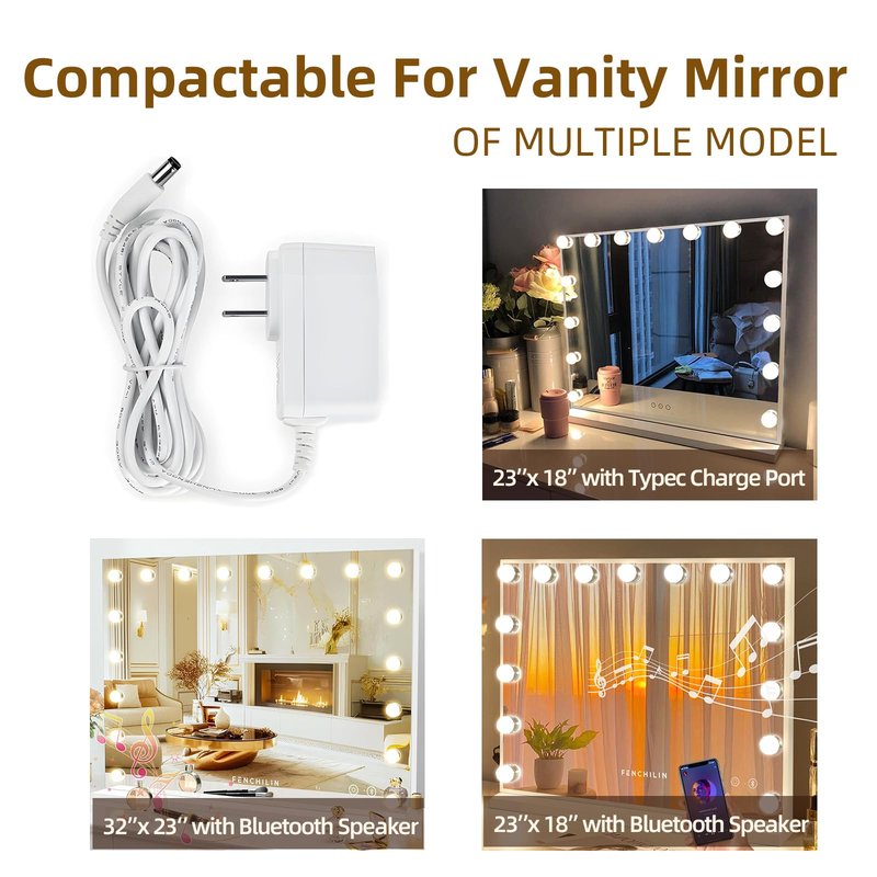 FENCHILIN 12V 2A Adapter for Light Up Hollywood Vanity Mirror Power Cord for Makeup Light Bulbs