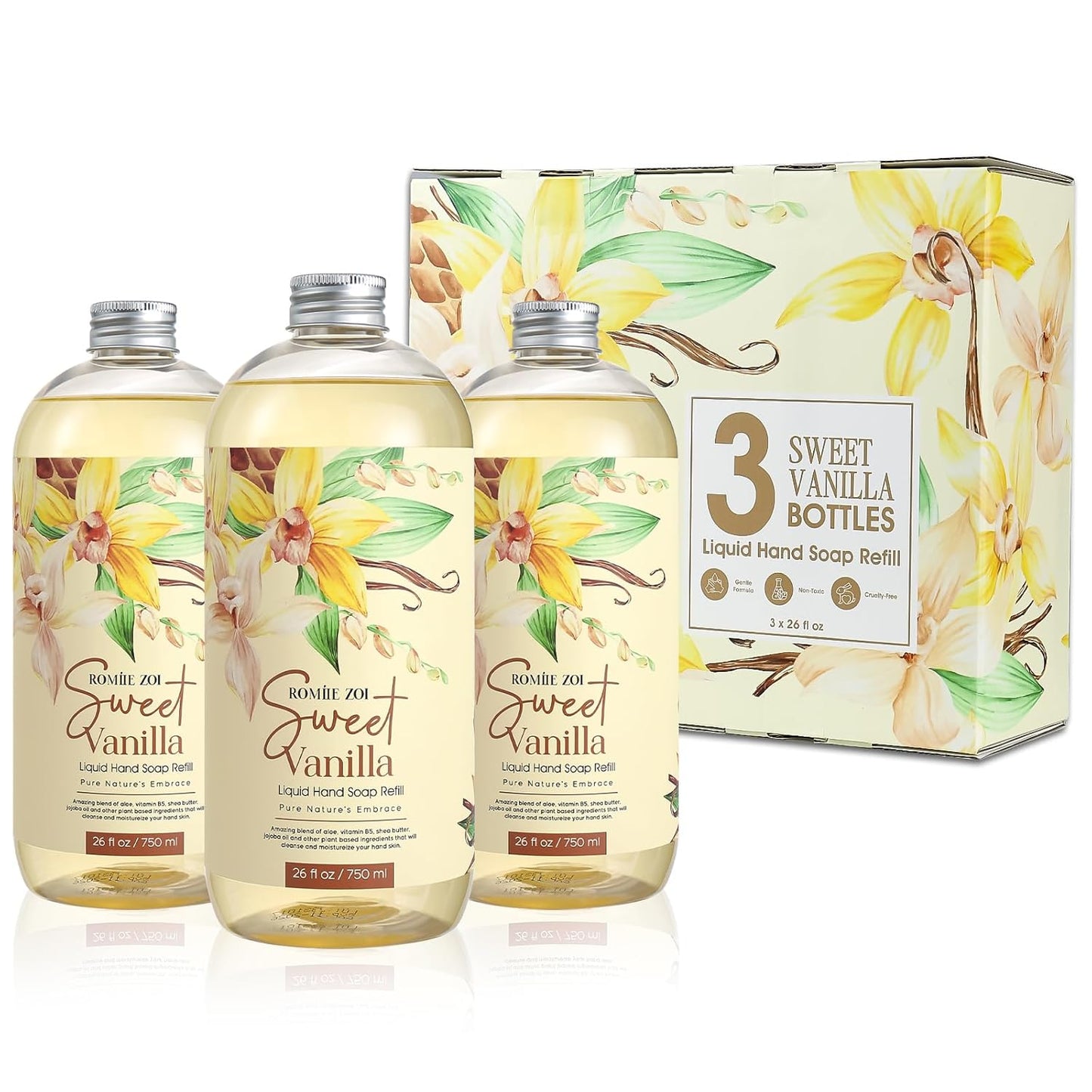 Sweet Vanille Liquid Hand Soap Refill Gift Set – 3 Pack (26 Fl Oz Each), Plant-Based & Biodegradable for Kitchen & Bathroom