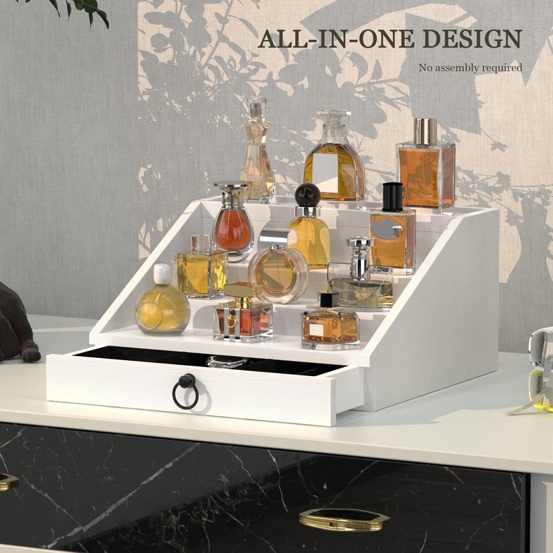 upcessory Wooden Cologne Organizer for Men Enhanced 4 Tier Cologne Stand Shelf Perfume Organizer with Velvet Lined Drawer & Hidden Storage Perfume Display Holder for Dresser Nice Gift (Elegant White)