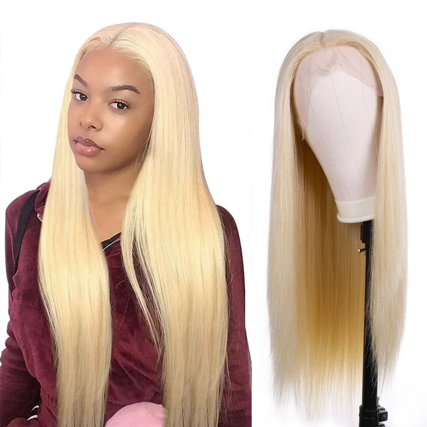 WOCO Women's Lace Front Wig Blonde T Part Long Straight 613 Color Kanekalon Futura Heat-Resistant Fiber Adjustable Synthetic Natural Looking Party Halloween Daily Hair Replacement Wig for Women