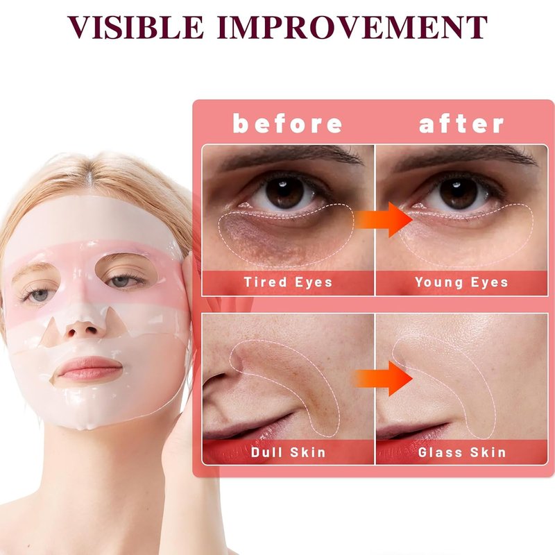 Collagen Face Mask with Eye Patches - Anti-Aging Hydrogel for Glass Skin Glow | Red Ginseng & Peptides, 4 Sheets (Pink)