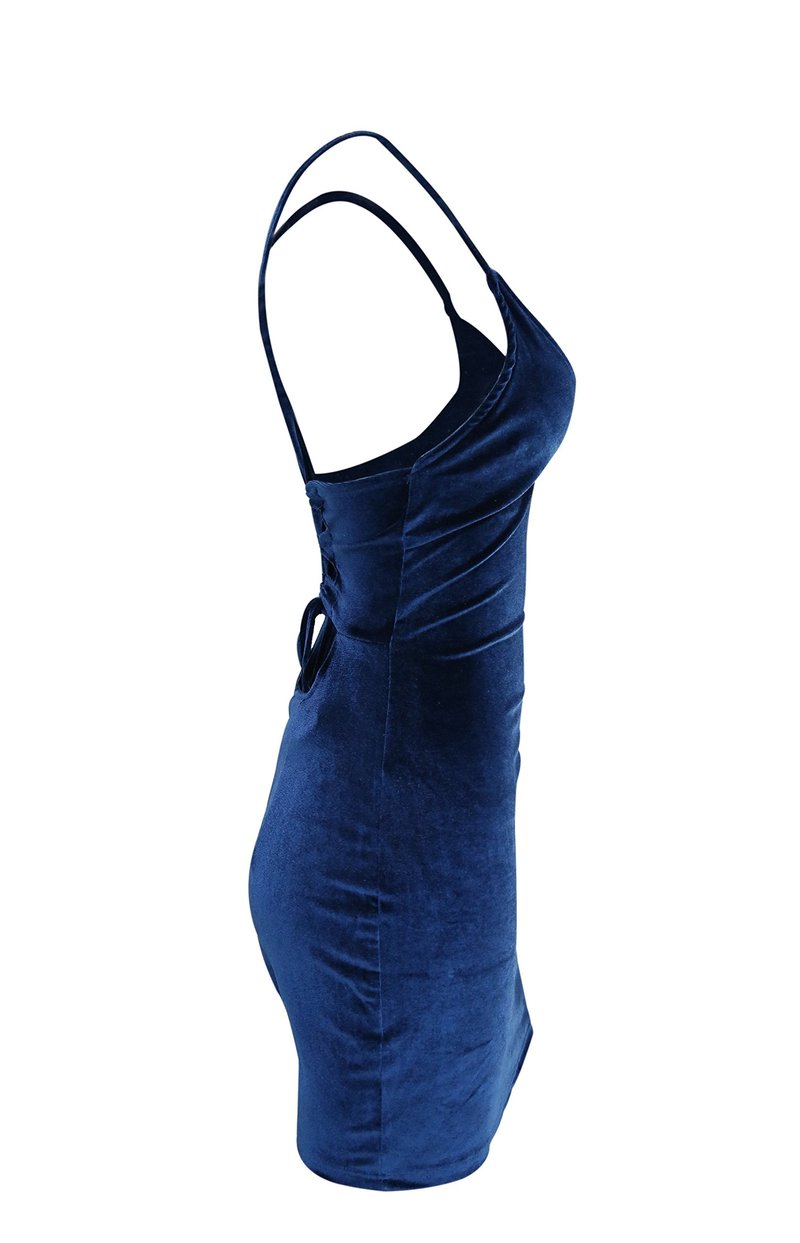 Zyyfly Women Elegant Low Cut Shoulder Strap Bandeau Open Back Tight Cotton Velvet Above Knee Sheath Celebrity Nightclub Dress Navy Blue XS