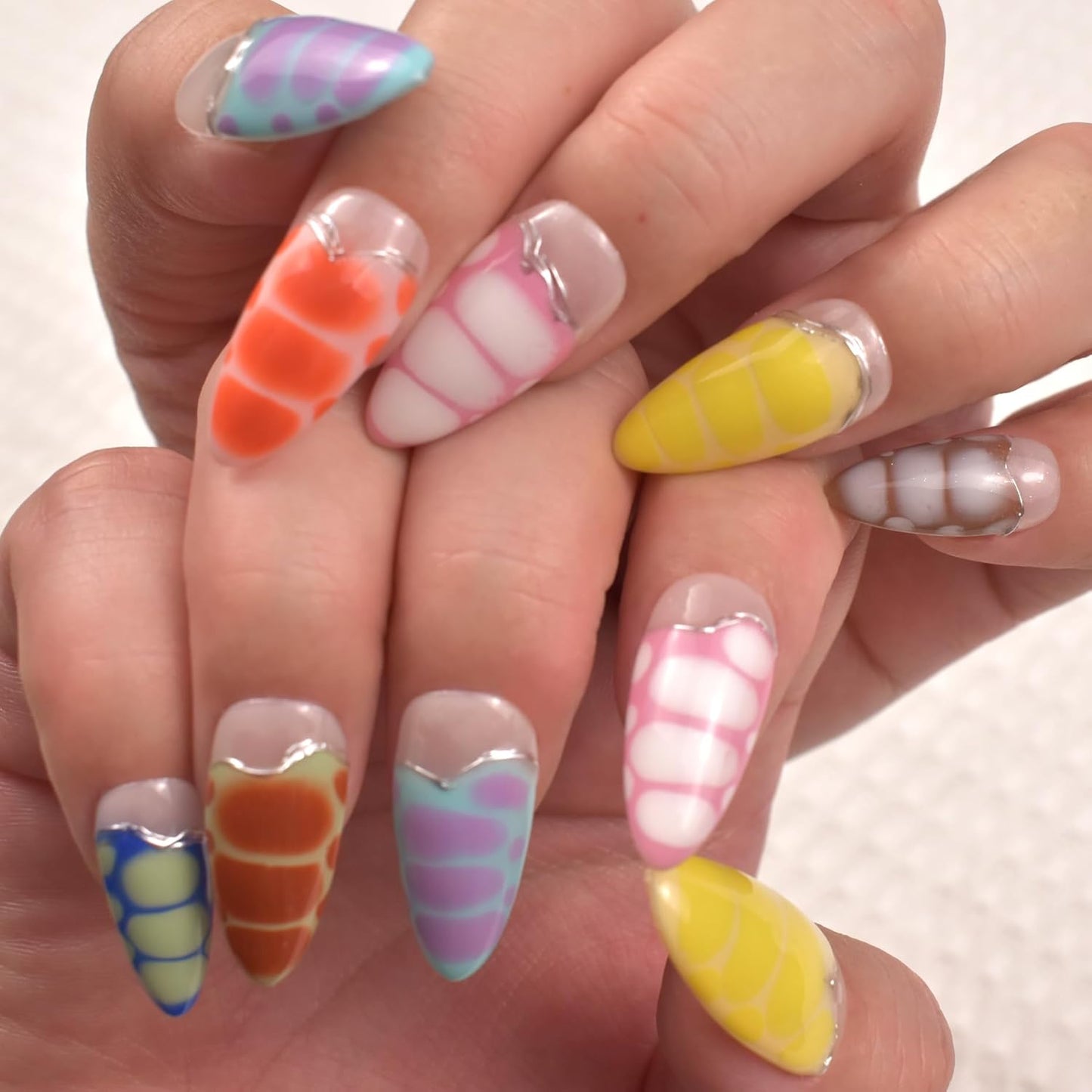 3D Blue Almond Press-On Nails with Carved Flower & Bubble Pearl - Handmade Acrylic Manicure, Medium Size