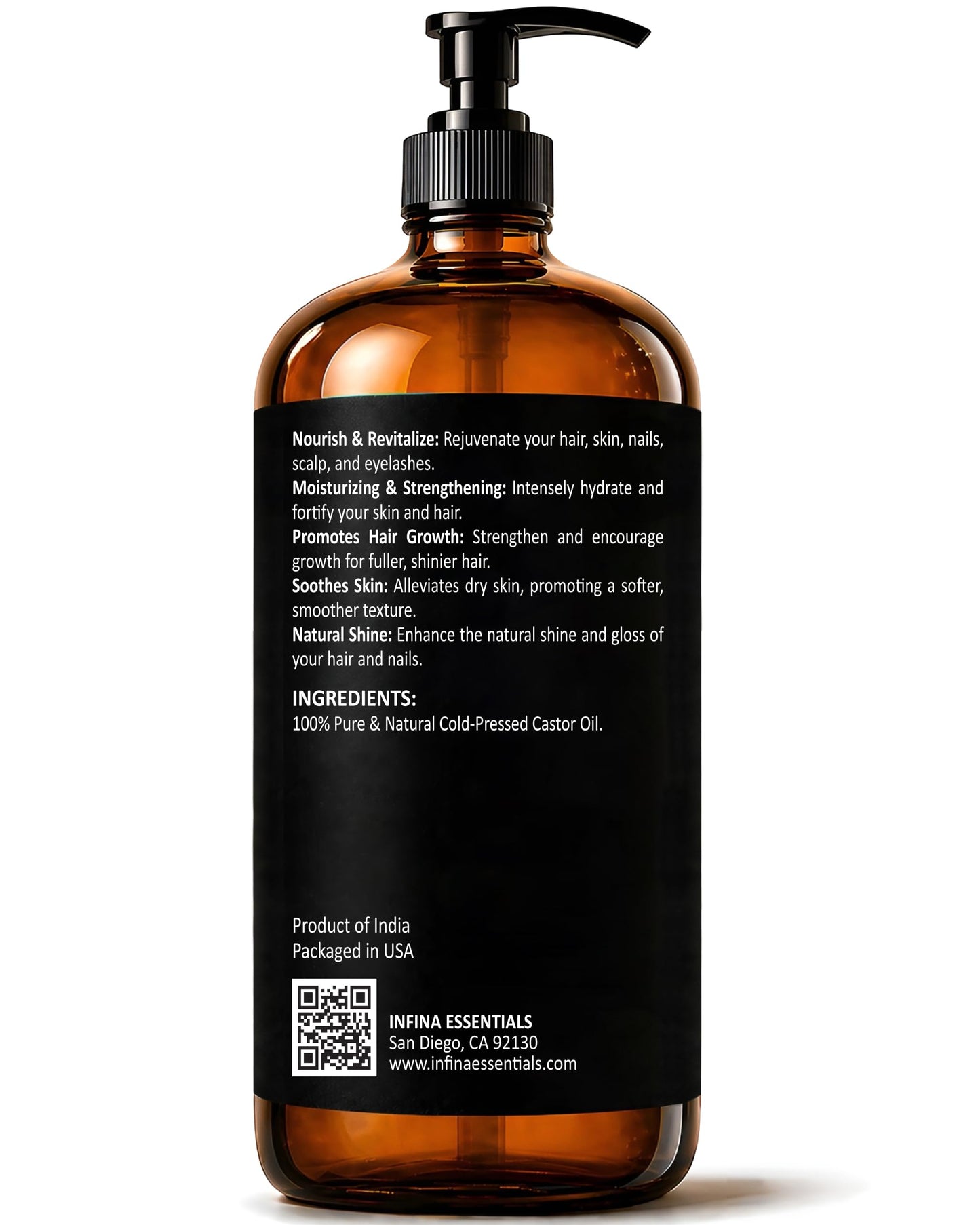 INFINA ESSENTIALS Pure Cold Pressed Castor Oil - Hexane Free, Glass Bottle for Hair Growth, Face, Scalp, Skin & Eyelashes - Nourishing and Moisturizing - 16 fl oz