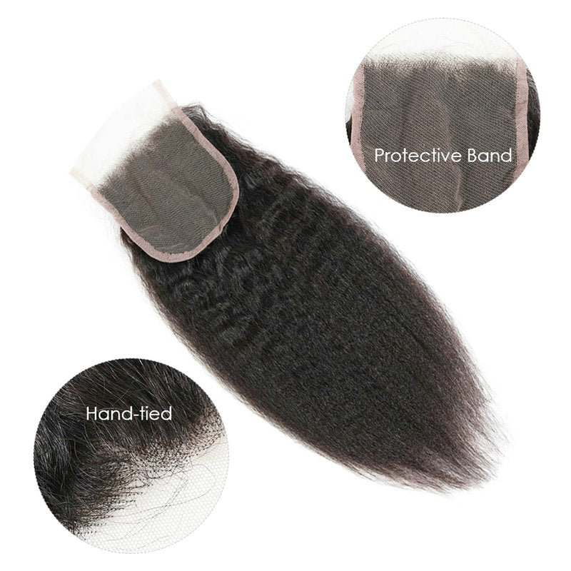 LINYINGYH Human Hair Kinky Straight Yaki Lace Closure 14 Inch No Part 4x4