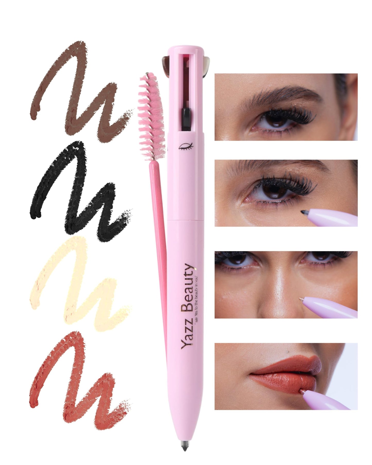 YazzBeauty - 4 in 1 Makeup Touch Up Pen with Brown Mauve Lip Liner, Black Eyeliner, Dark Brown Eyebrow Pencil, and Champagne Gold Highlighter, Compact Beauty Pen, Smudge Proof, Vegan, Cruelty-Free