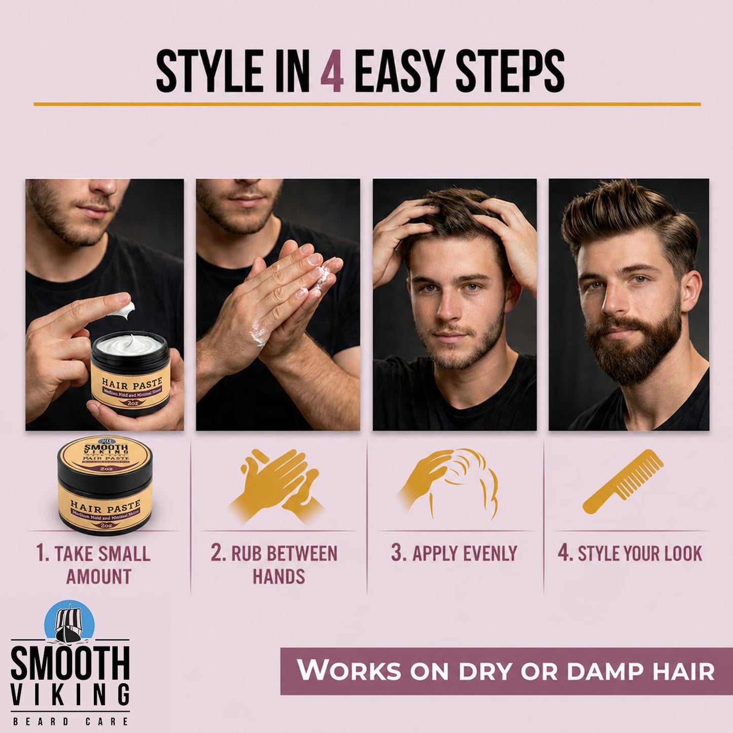 Smooth Viking Hair Paste for Men - Natural Matte Styling Paste for Textured Messy Hairstyle Hair Cream, Hair Styling Cream with Minimal Shine & Medium Hold Hair Products for Men, Made in USA, 2oz