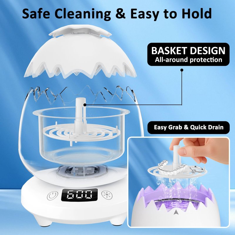 Ultrasonic Retainer Cleaner Machine for Denture, Dental Cleaning Pod with Digital Timer, 45kHz/180ML Waterproof Ultrasonic Denture Cleaners for Aligner, Mouth Guard, Braces, Ring Jewelry Cleaner
