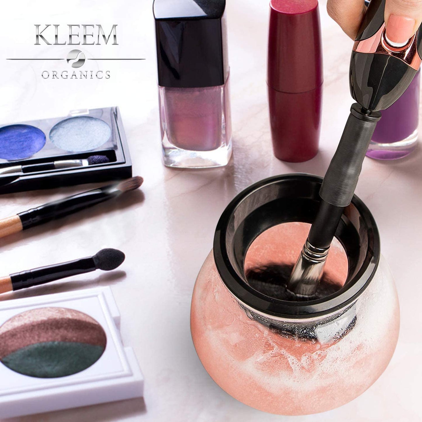 Kleem Electric Makeup Brush Cleaner Machine | Automatic Makeup Brush Washer & Spinning Dryer with Free Cleaner Shampoo | Dual-Fiber Bristles for Eyeshadow & Foundation | Made in USA | Black